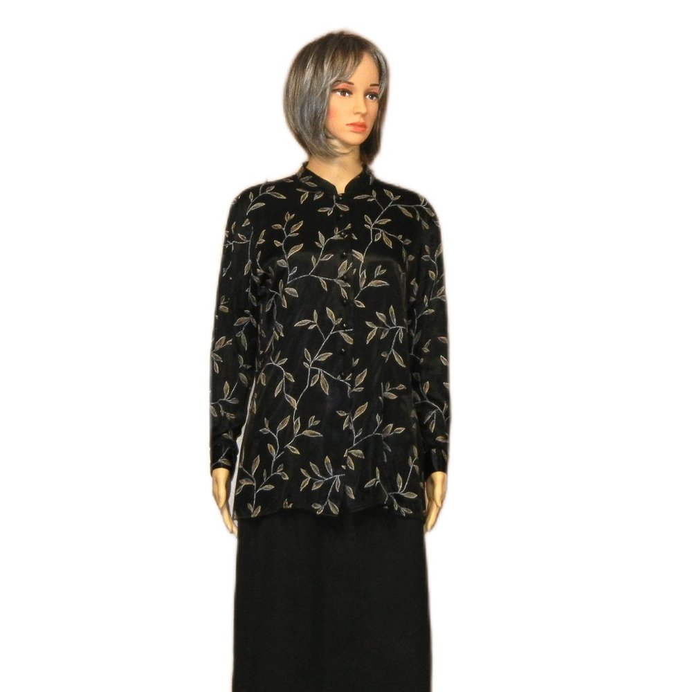 NOTATIONS Vintage Nehru Collar LS Button Down Tunic Blouse ~ Black w/ Leaf Print